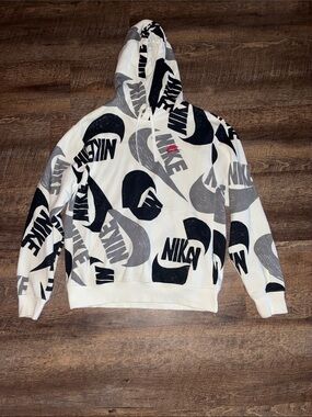 Nike White Hoodie with Black & Gray Logo Print